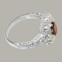 Klasični ženski prsten za obljetnicu izrađen od čistog srebra britanske proizvodnje s prirodnim granatom i kultiviranim biserima