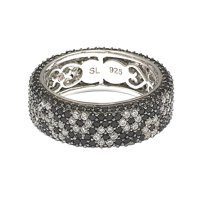 Kolekcionarski prsten od srebra s kubičnim cirkonijem u bijeloj i crnoj boji s umetkom u obliku cvijeta-Crna, bijela